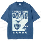 Unisex Vintage Japanese Fish Man Evolution Printed Washed Tee