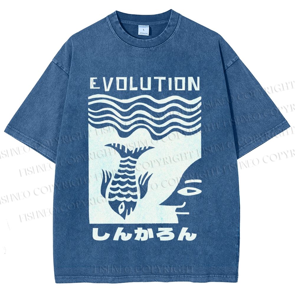 Unisex Vintage Japanese Fish Man Evolution Printed Washed Tee