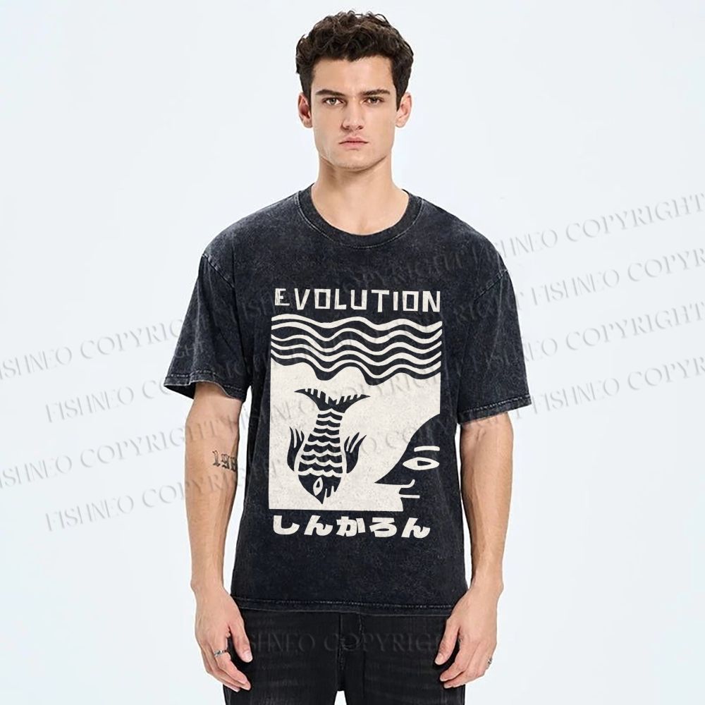 Unisex Vintage Japanese Fish Man Evolution Printed Washed Tee
