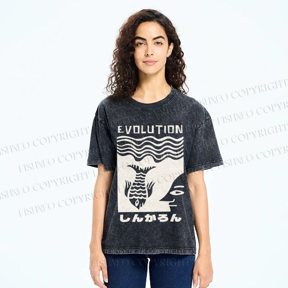 Unisex Vintage Japanese Fish Man Evolution Printed Washed Tee