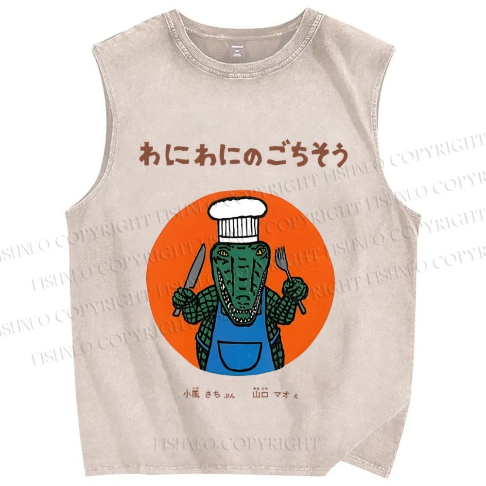 Unisex Vintage Japanese Chef Crocodile Printed Washed Tank Top