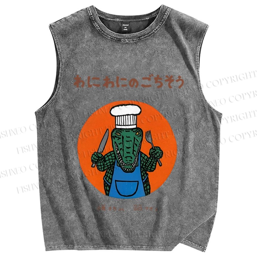 Unisex Vintage Japanese Chef Crocodile Printed Washed Tank Top