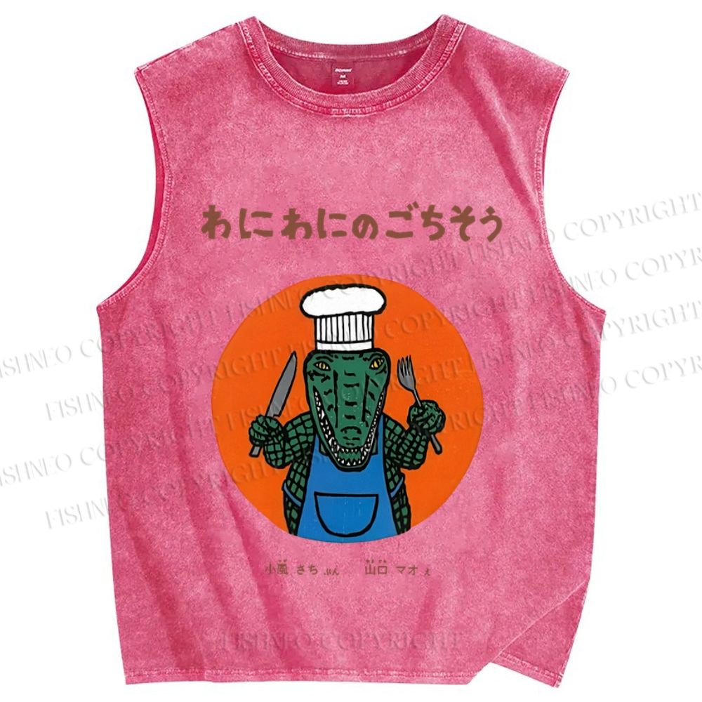 Unisex Vintage Japanese Chef Crocodile Printed Washed Tank Top