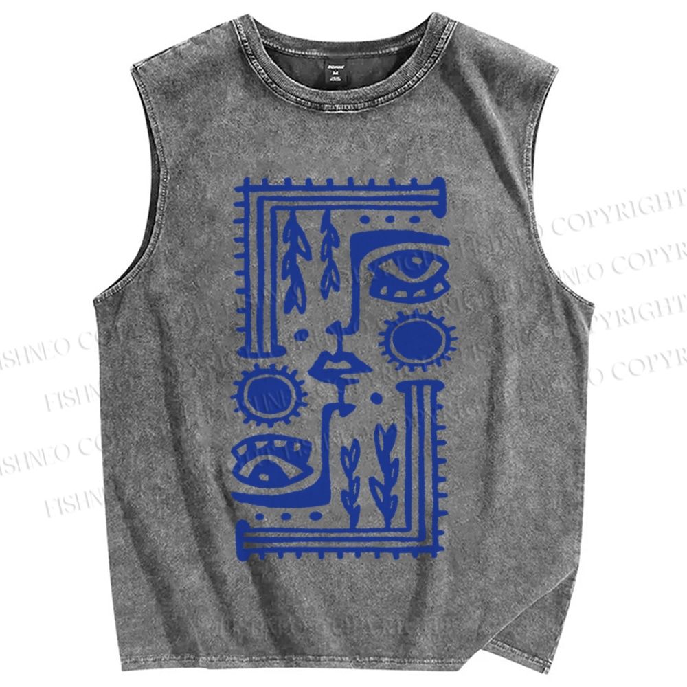 Unisex Vintage Weird Eye Graffiti Printed Washed Tank Top