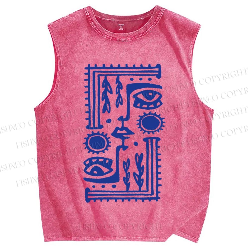 Unisex Vintage Weird Eye Graffiti Printed Washed Tank Top