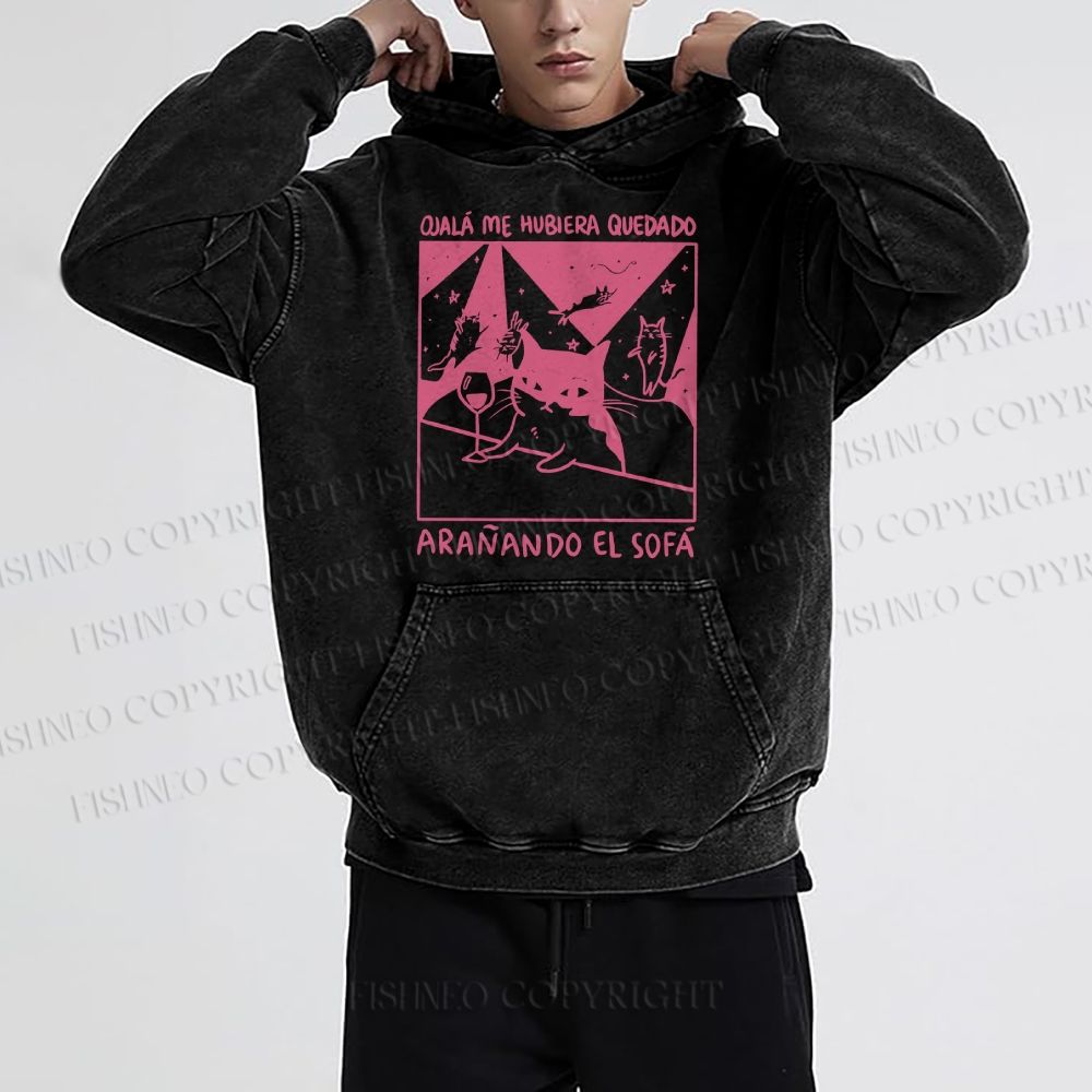 Unisex Funny Cat In A Bar Casual Printed Washed Hoodie