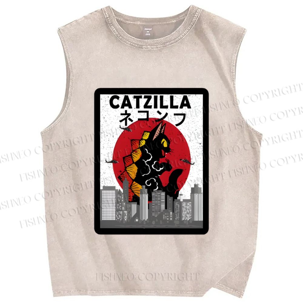 Unisex Catzilla Printed Washed Tank Top