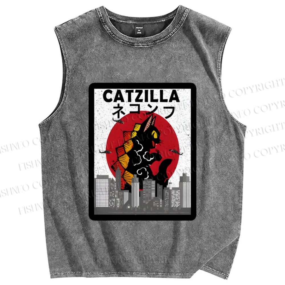 Unisex Catzilla Printed Washed Tank Top