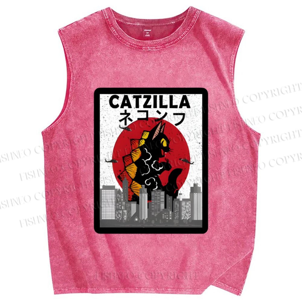 Unisex Catzilla Printed Washed Tank Top