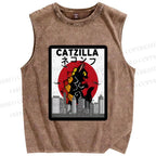 Unisex Catzilla Printed Washed Tank Top
