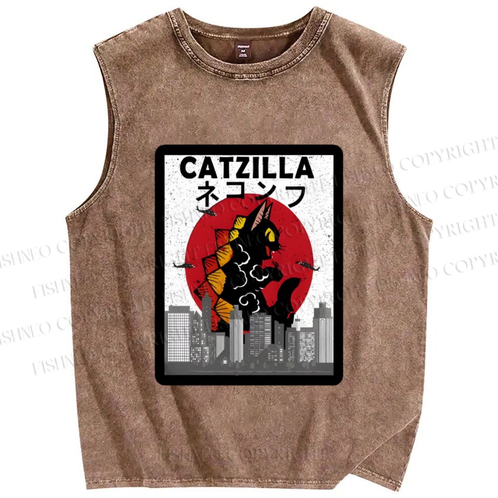 Unisex Catzilla Printed Washed Tank Top