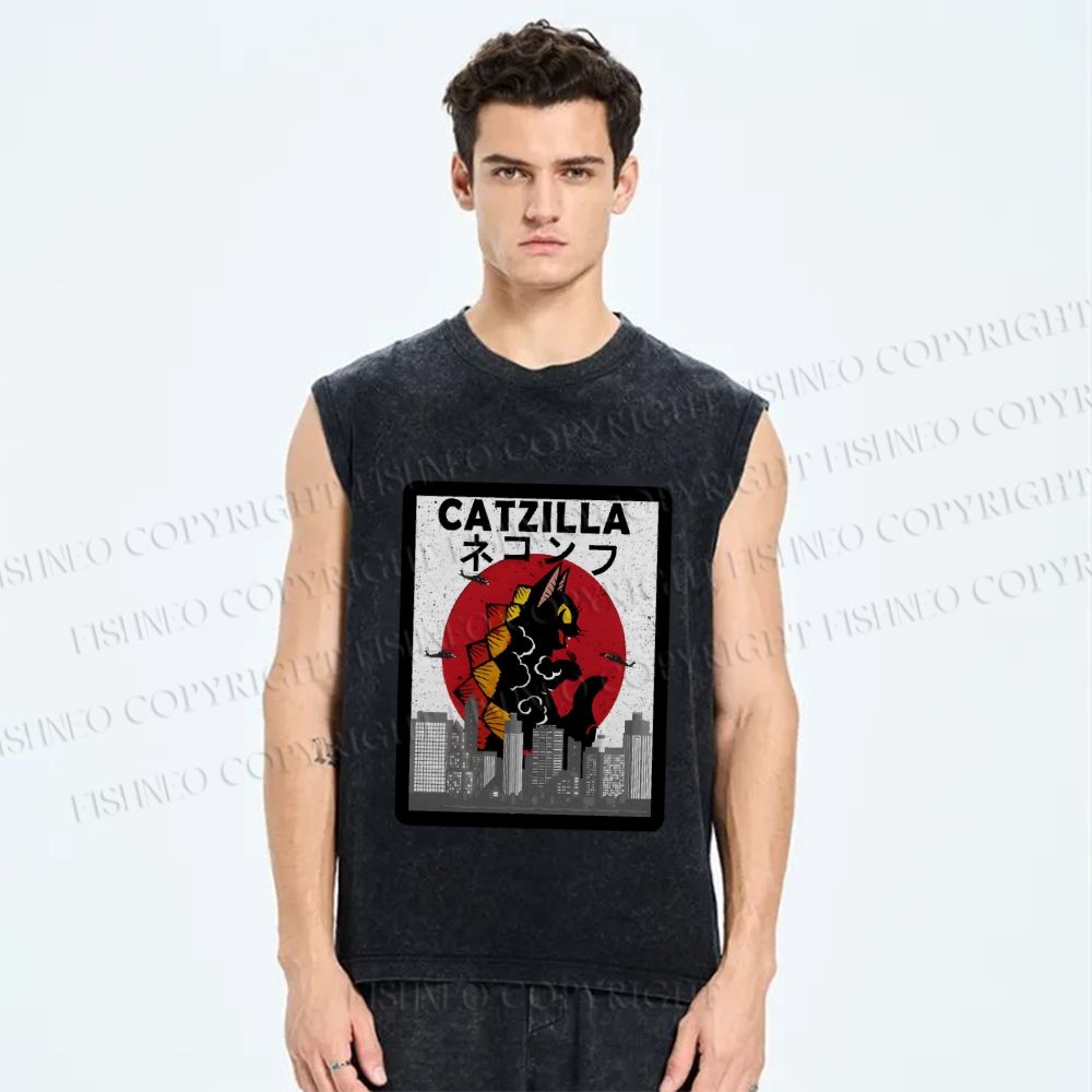 Unisex Catzilla Printed Washed Tank Top