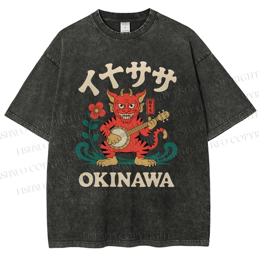 Unisex Okinawa Shisa Lion Printed Washed Tee