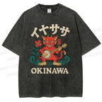 Unisex Okinawa Shisa Lion Printed Washed Tee