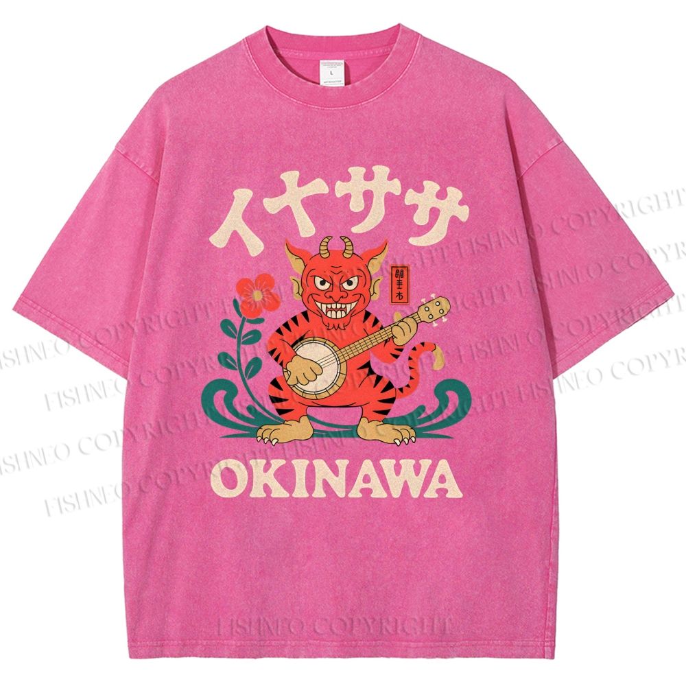 Unisex Okinawa Shisa Lion Printed Washed Tee