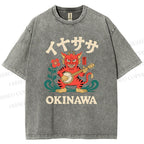 Unisex Okinawa Shisa Lion Printed Washed Tee