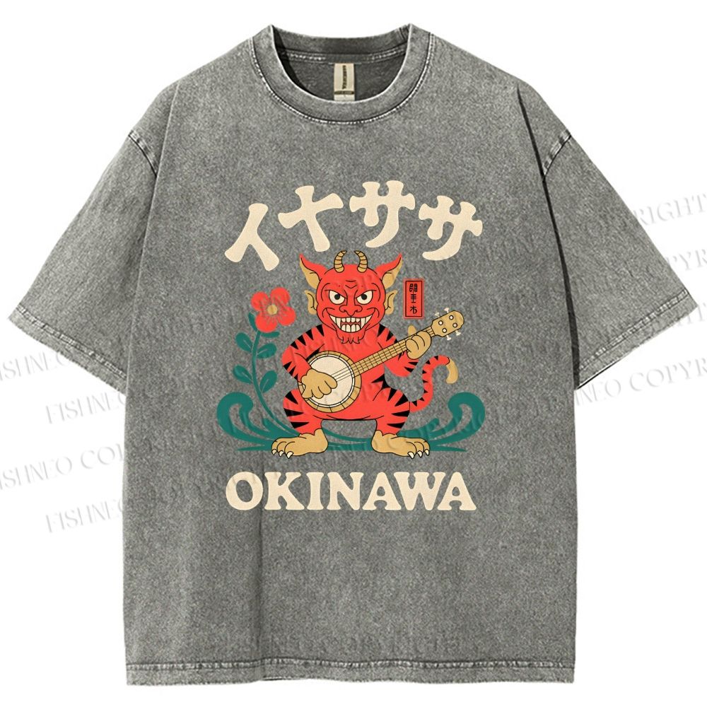 Unisex Okinawa Shisa Lion Printed Washed Tee
