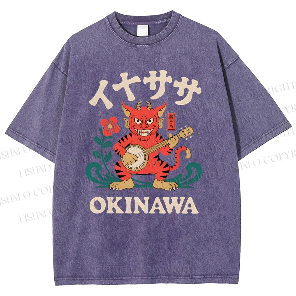 Unisex Okinawa Shisa Lion Printed Washed Tee