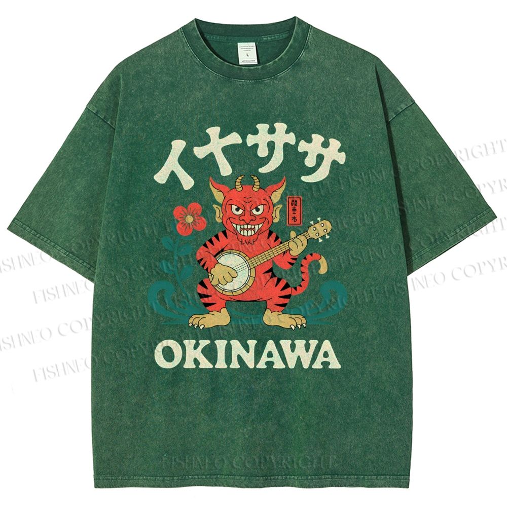 Unisex Okinawa Shisa Lion Printed Washed Tee