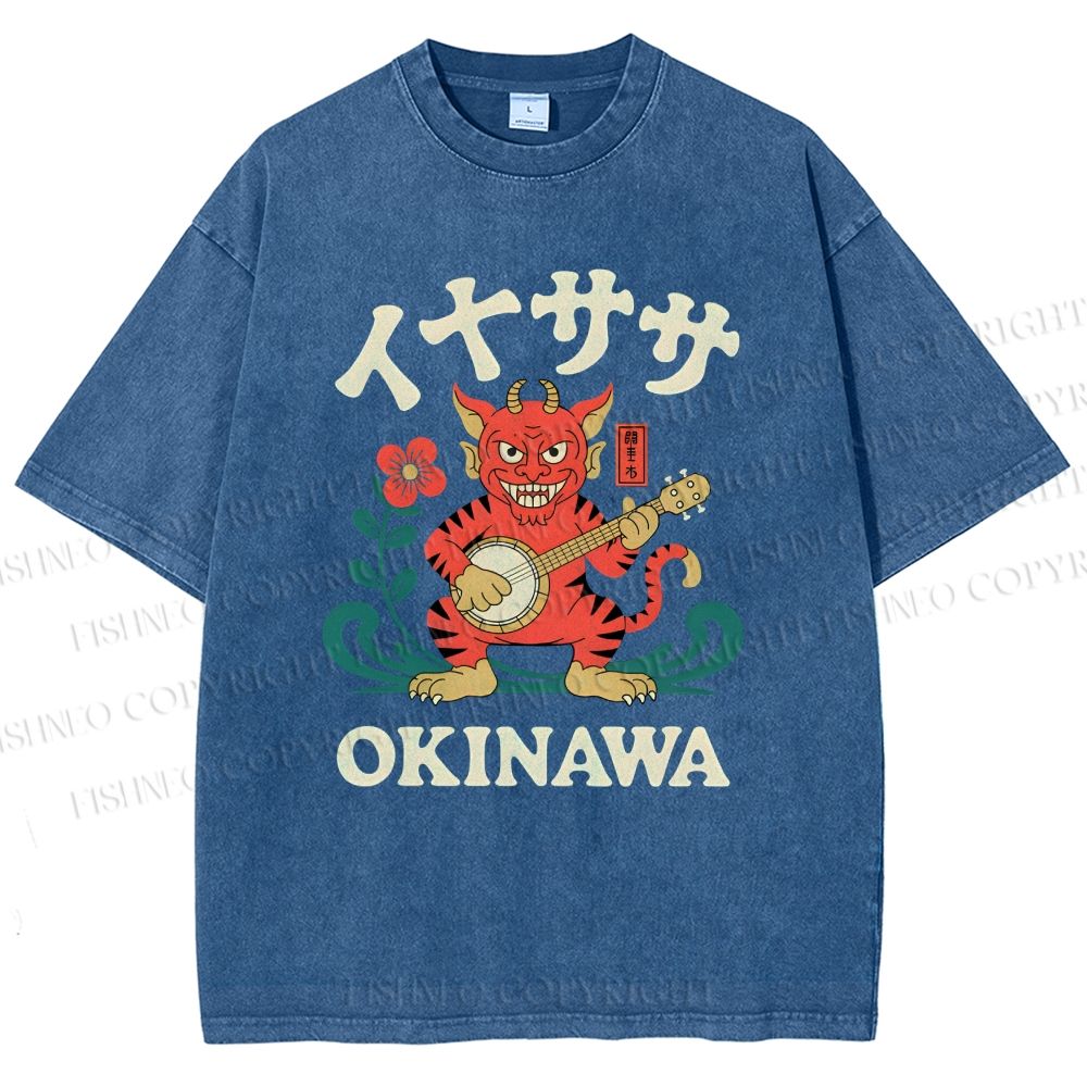 Unisex Okinawa Shisa Lion Printed Washed Tee