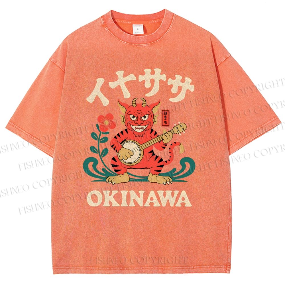 Unisex Okinawa Shisa Lion Printed Washed Tee