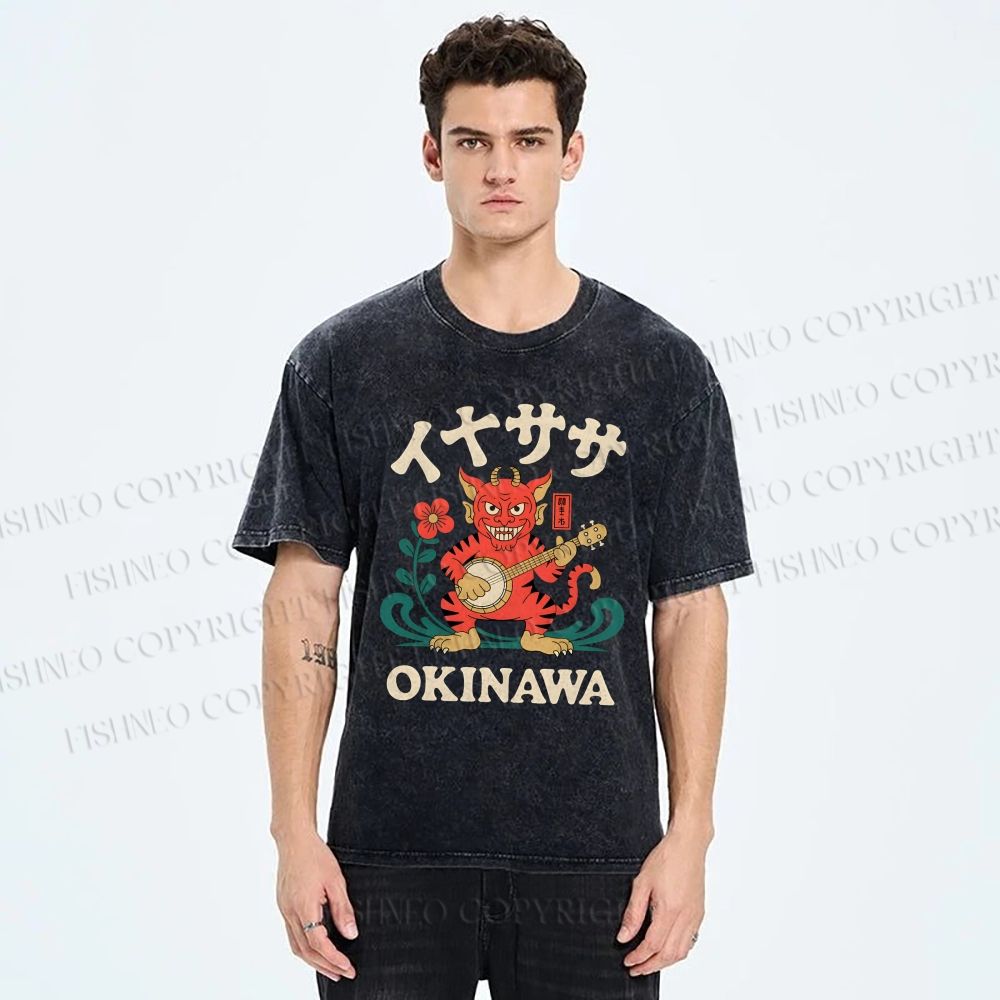 Unisex Okinawa Shisa Lion Printed Washed Tee