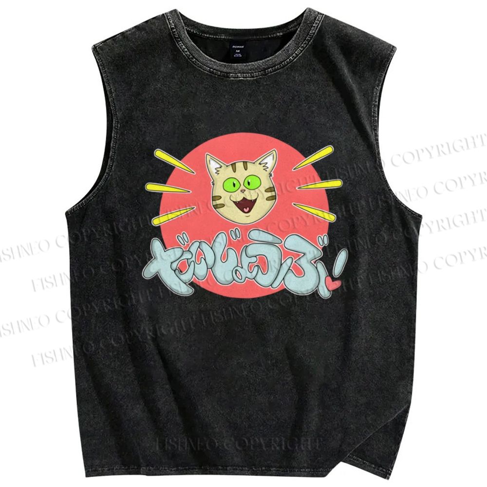Unisex Daijiyoubu Cat Printed Washed Tank Top