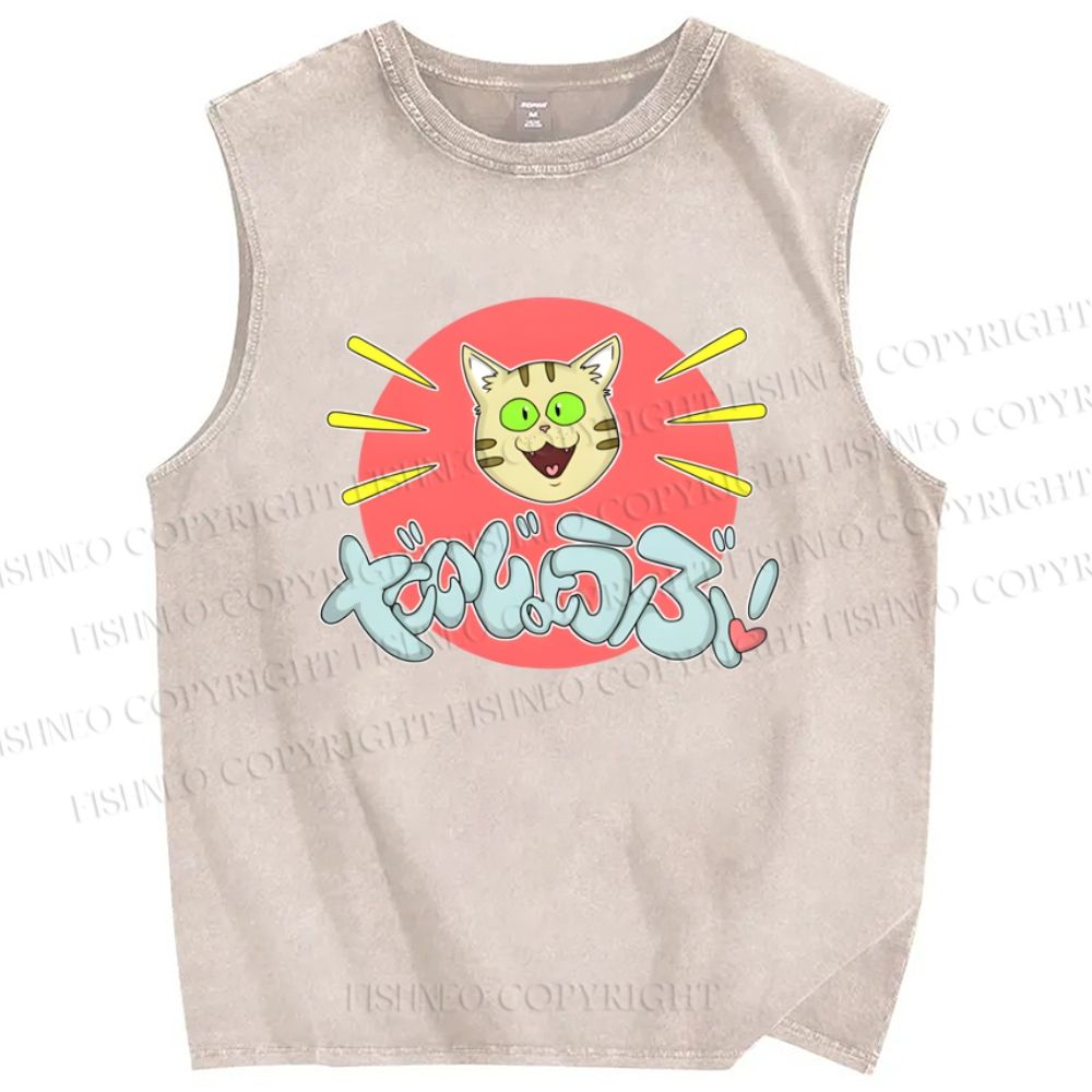 Unisex Daijiyoubu Cat Printed Washed Tank Top