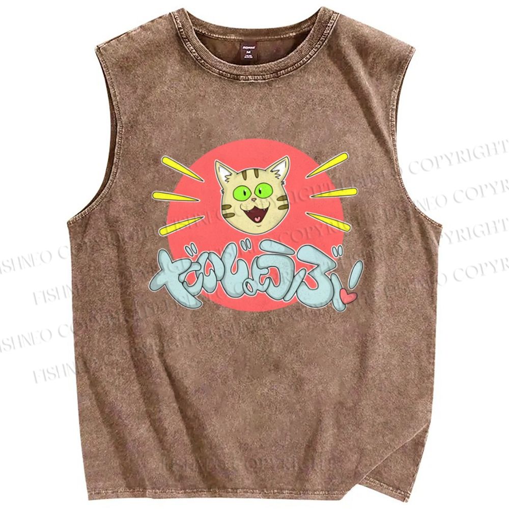 Unisex Daijiyoubu Cat Printed Washed Tank Top