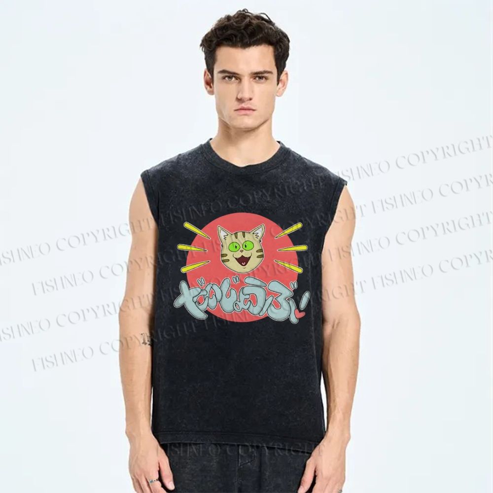 Unisex Daijiyoubu Cat Printed Washed Tank Top