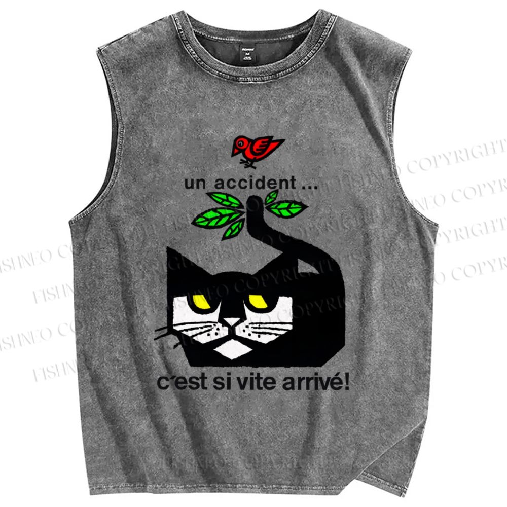 Unisex Cat Bird Printed Washed Tank Top
