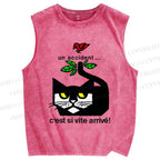 Unisex Cat Bird Printed Washed Tank Top