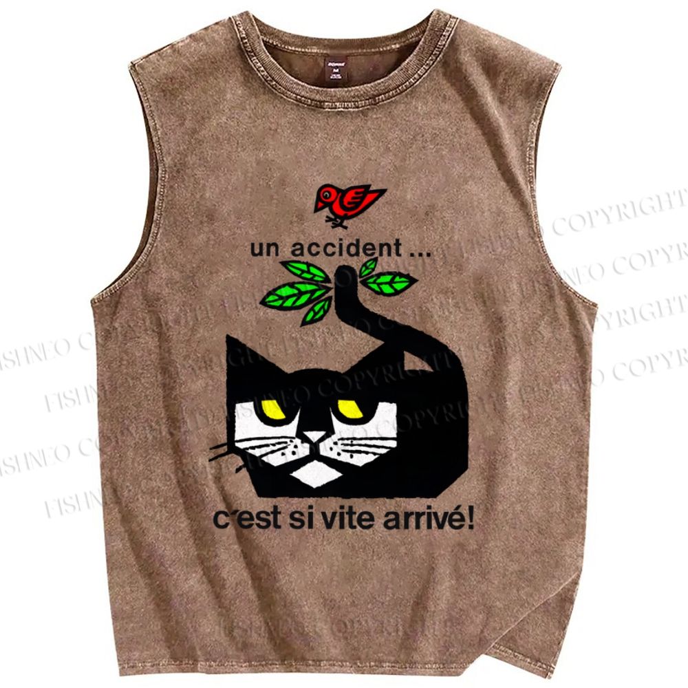 Unisex Cat Bird Printed Washed Tank Top