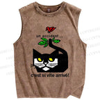 Unisex Cat Bird Printed Washed Tank Top