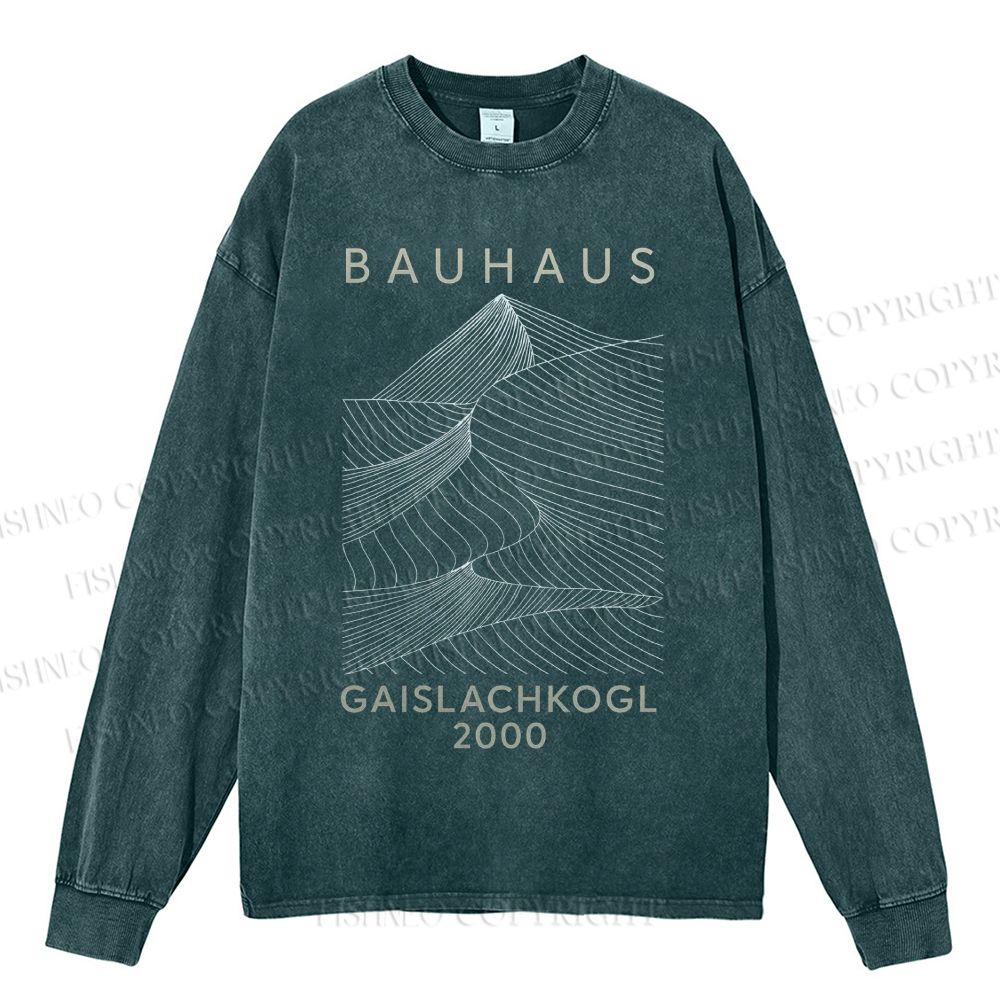 Unisex Casual Washed Geometric Lines Printed Long Sleeve T-shirt