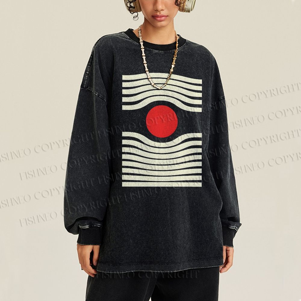 Unisex Casual Washed Geometric Sunrise Printed Long Sleeve T-shirt
