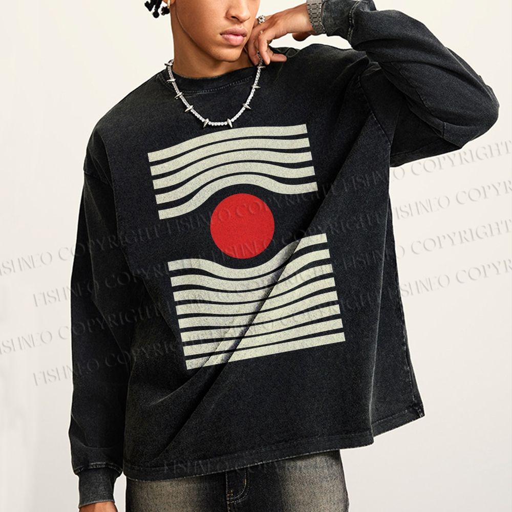 Unisex Casual Washed Geometric Sunrise Printed Long Sleeve T-shirt