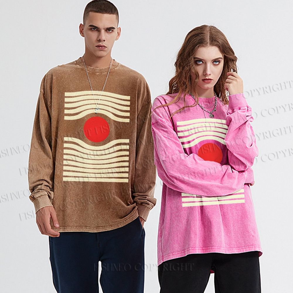 Unisex Casual Washed Geometric Sunrise Printed Long Sleeve T-shirt