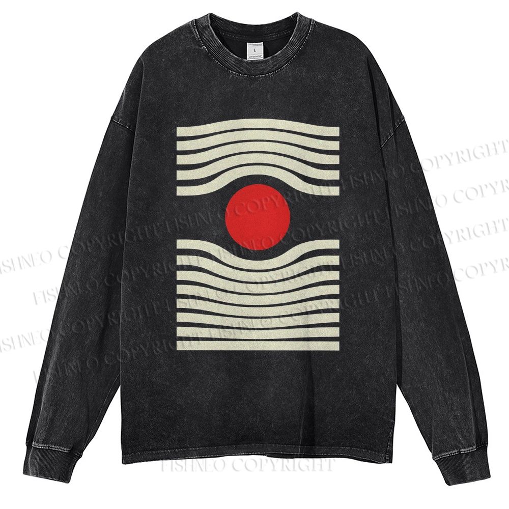 Unisex Casual Washed Geometric Sunrise Printed Long Sleeve T-shirt