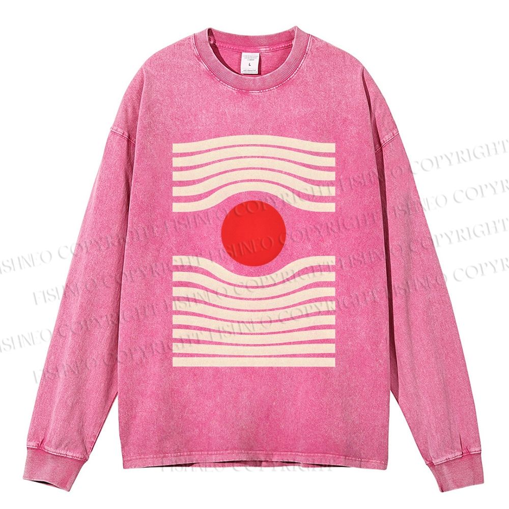 Unisex Casual Washed Geometric Sunrise Printed Long Sleeve T-shirt