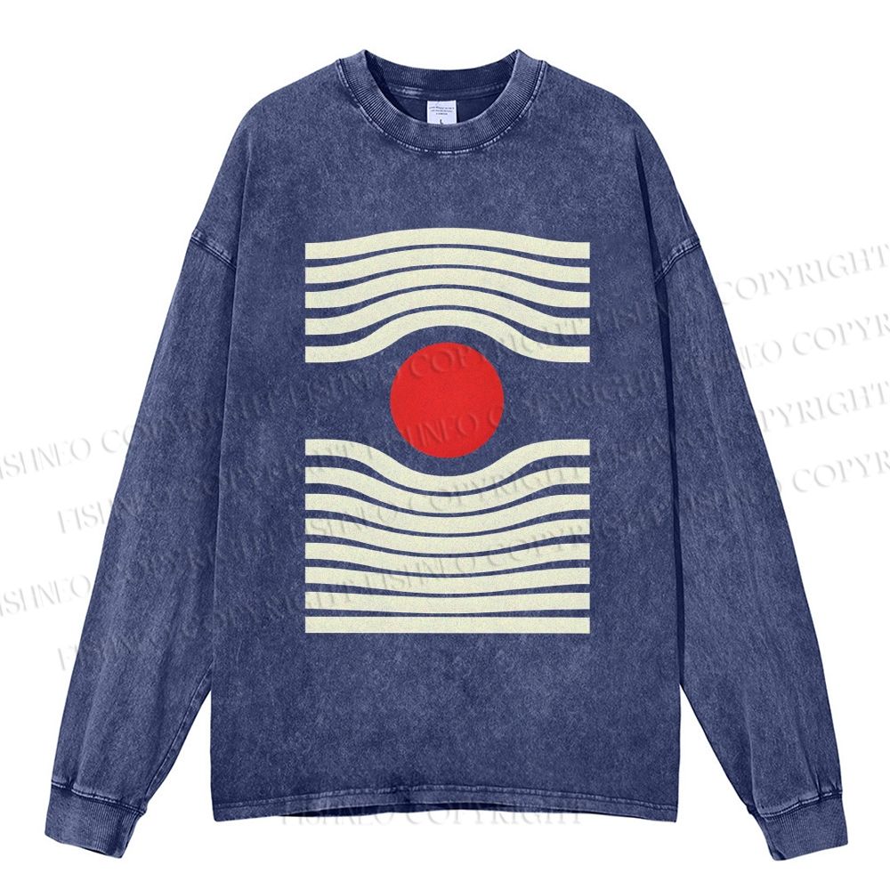 Unisex Casual Washed Geometric Sunrise Printed Long Sleeve T-shirt