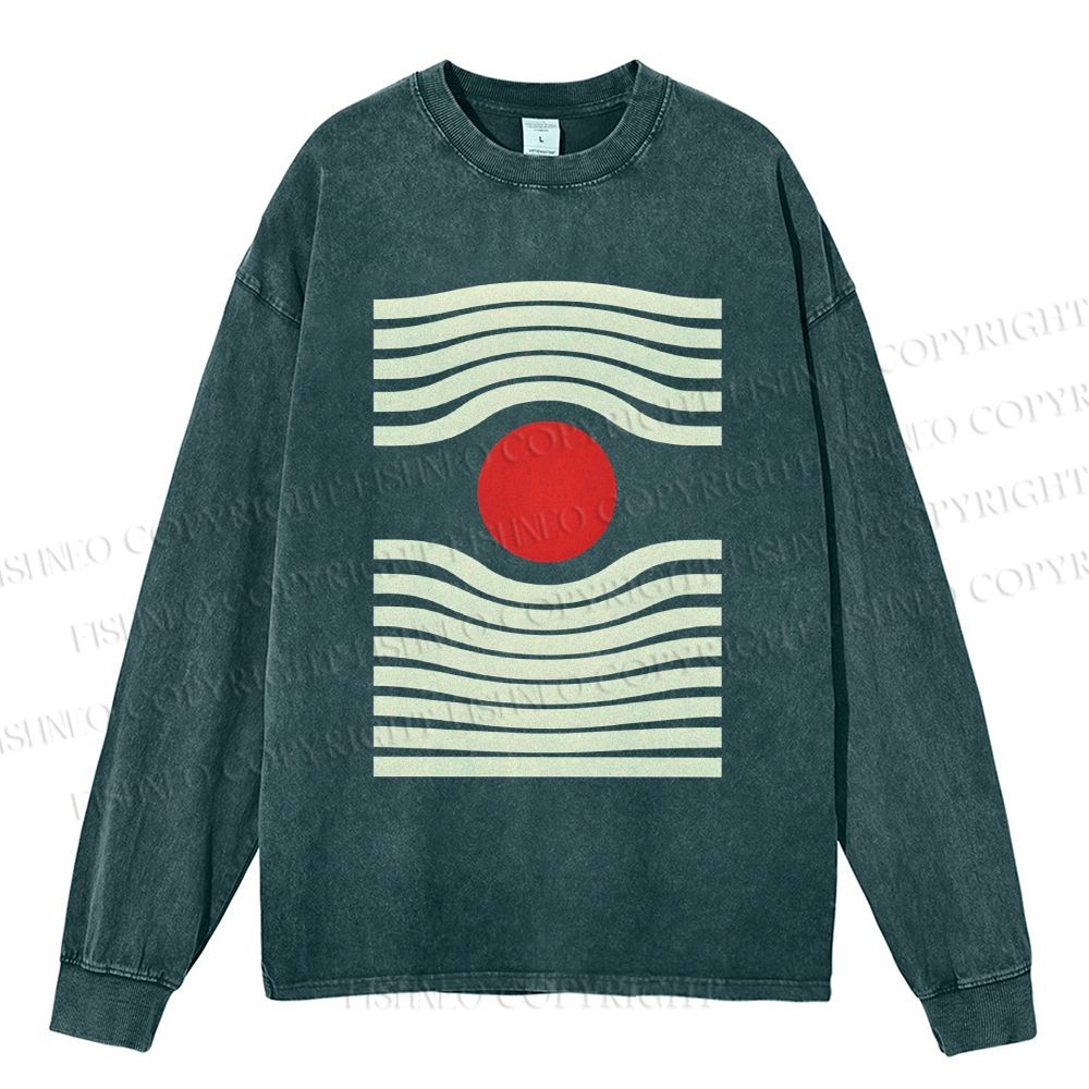 Unisex Casual Washed Geometric Sunrise Printed Long Sleeve T-shirt