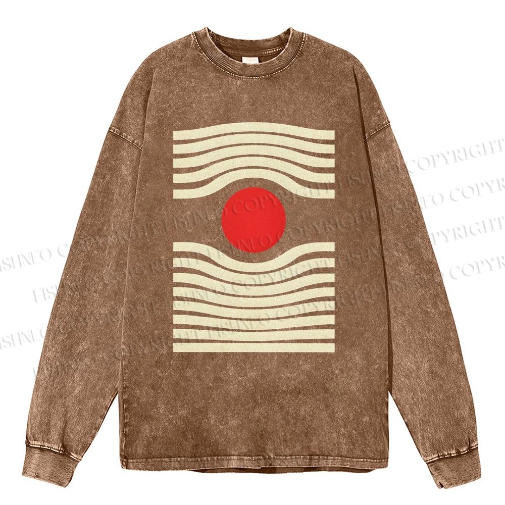 Unisex Casual Washed Geometric Sunrise Printed Long Sleeve T-shirt