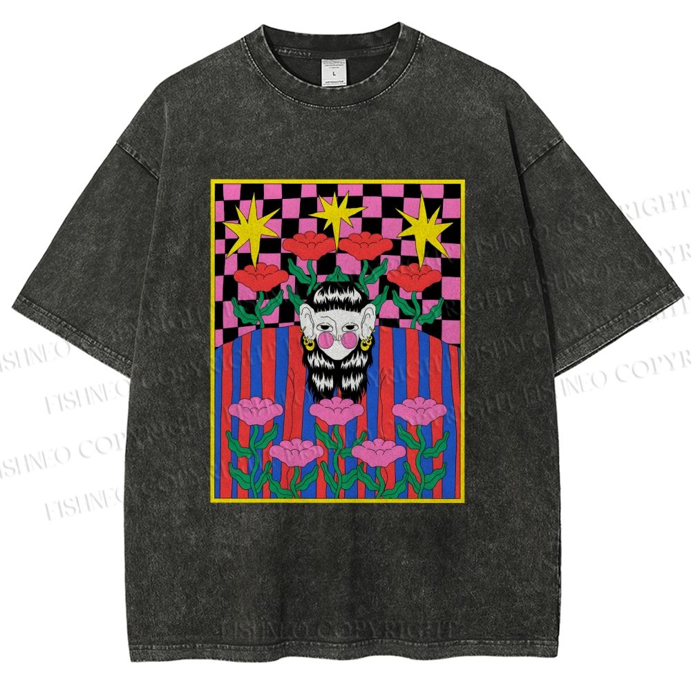 Unisex Artistic Portraits With Flowers Printed Washed Tee