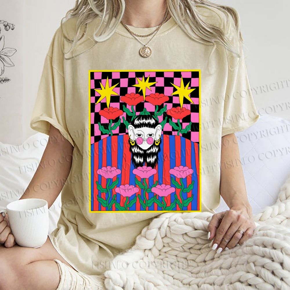 Unisex Artistic Portraits With Flowers Printed Washed Tee
