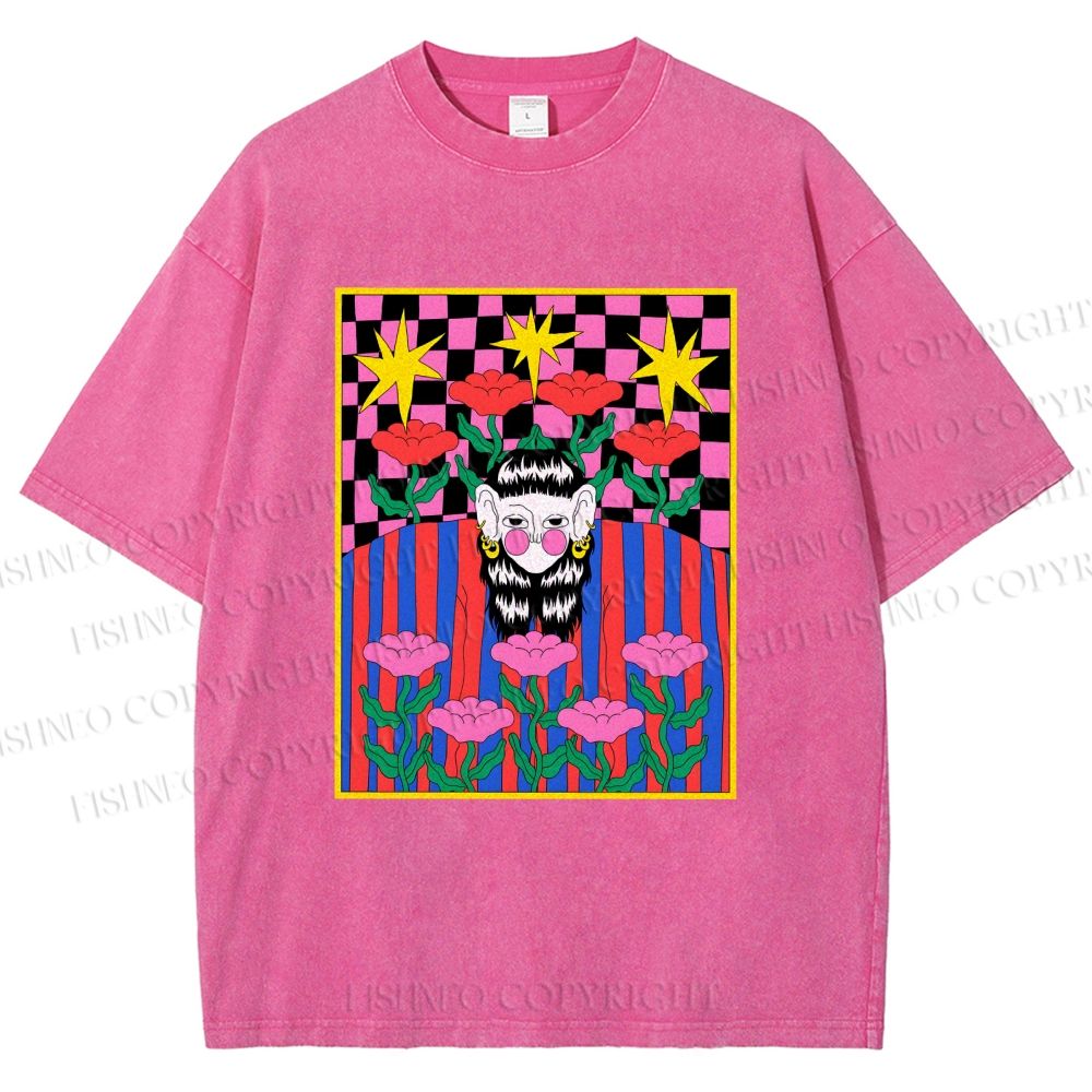 Unisex Artistic Portraits With Flowers Printed Washed Tee