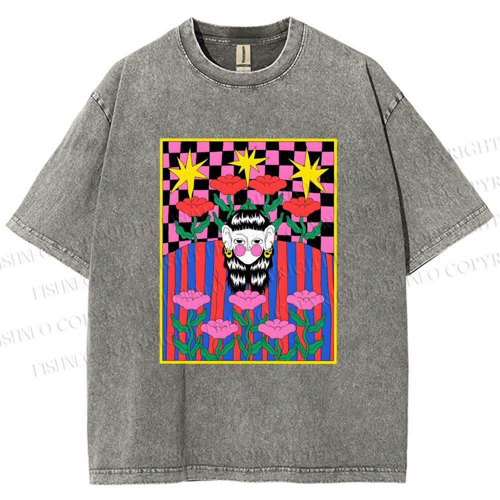 Unisex Artistic Portraits With Flowers Printed Washed Tee