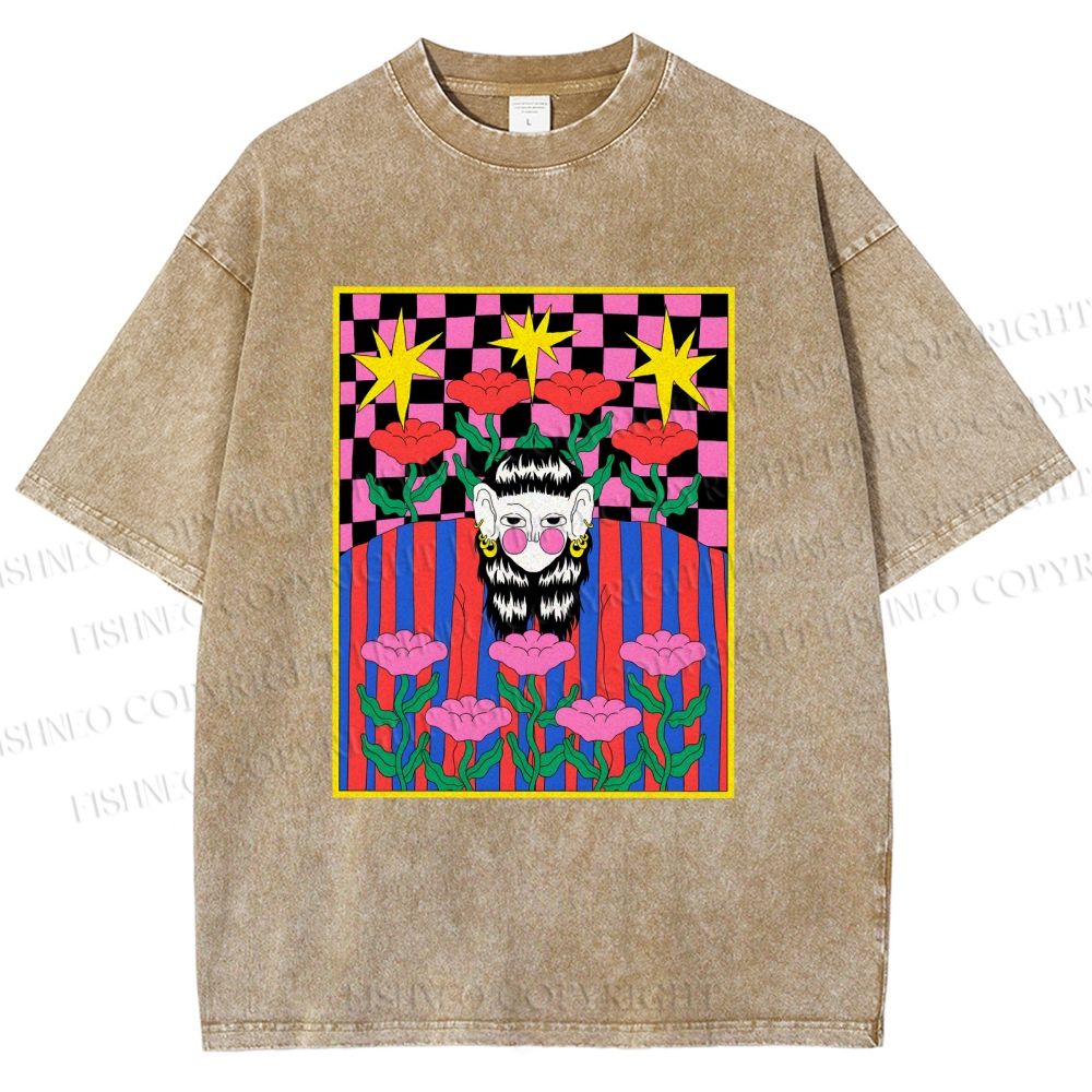 Unisex Artistic Portraits With Flowers Printed Washed Tee
