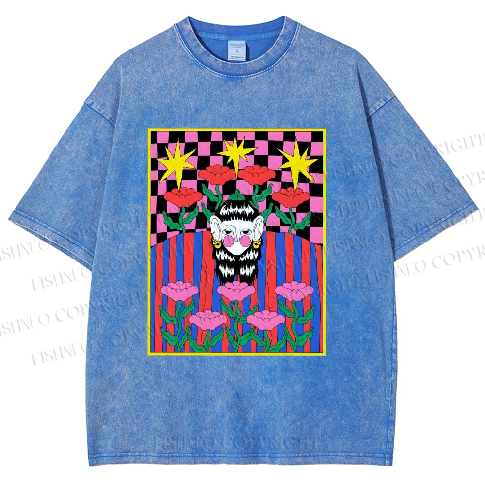 Unisex Artistic Portraits With Flowers Printed Washed Tee