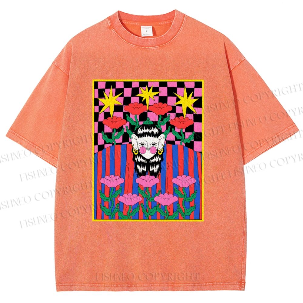 Unisex Artistic Portraits With Flowers Printed Washed Tee